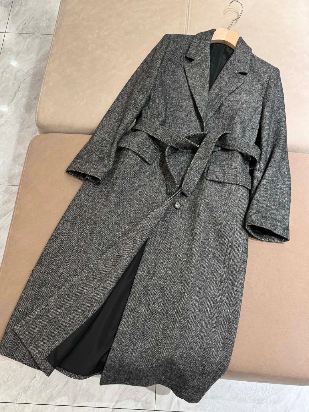 Autumn Winter Women\'s Herringbone Wool Mid-length Coat Temperament Waistband Long Jacket