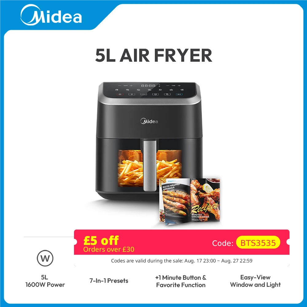 Freidora de aire Midea de 5L con ventana HeatXpress Rapid Air Technology Funciones preestablecidas 7 en 1 Recubrimiento antiadherente Apto para lavavajillas