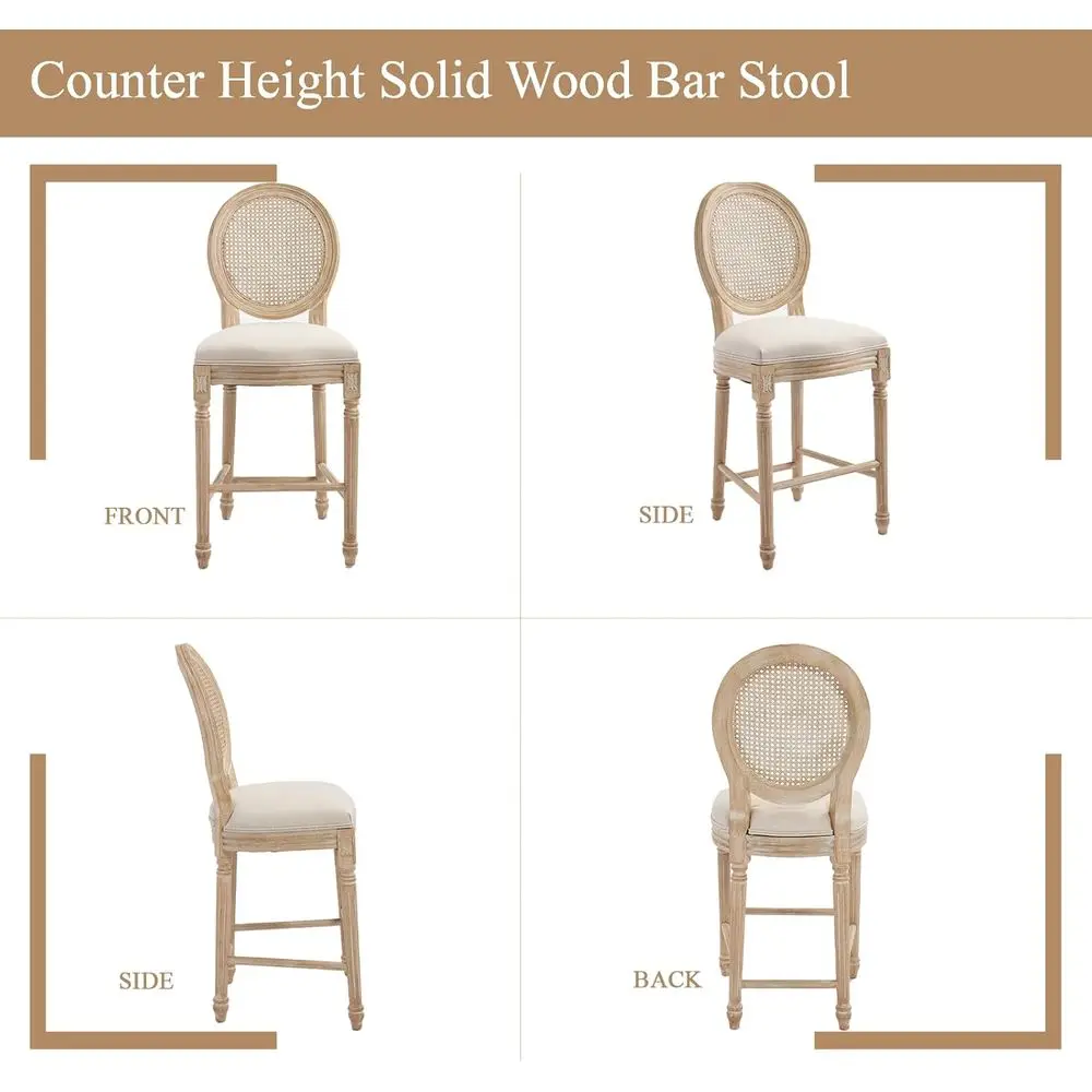 26 Country Style Counter Height Bar Stools Set of 2, Rattan Back | Solid Wood Upholstered Vintage Round Back for Kitchen Islands view 5