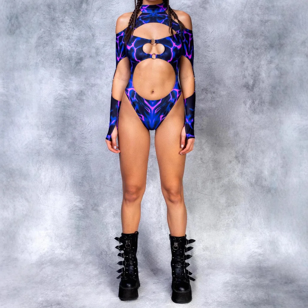 

Halter Neck Colorful Hell Multicolor Cosplay Jumpsuit Women Sexy Hollow Out Art Tights Flame Swimsuit High Fork Beachwear