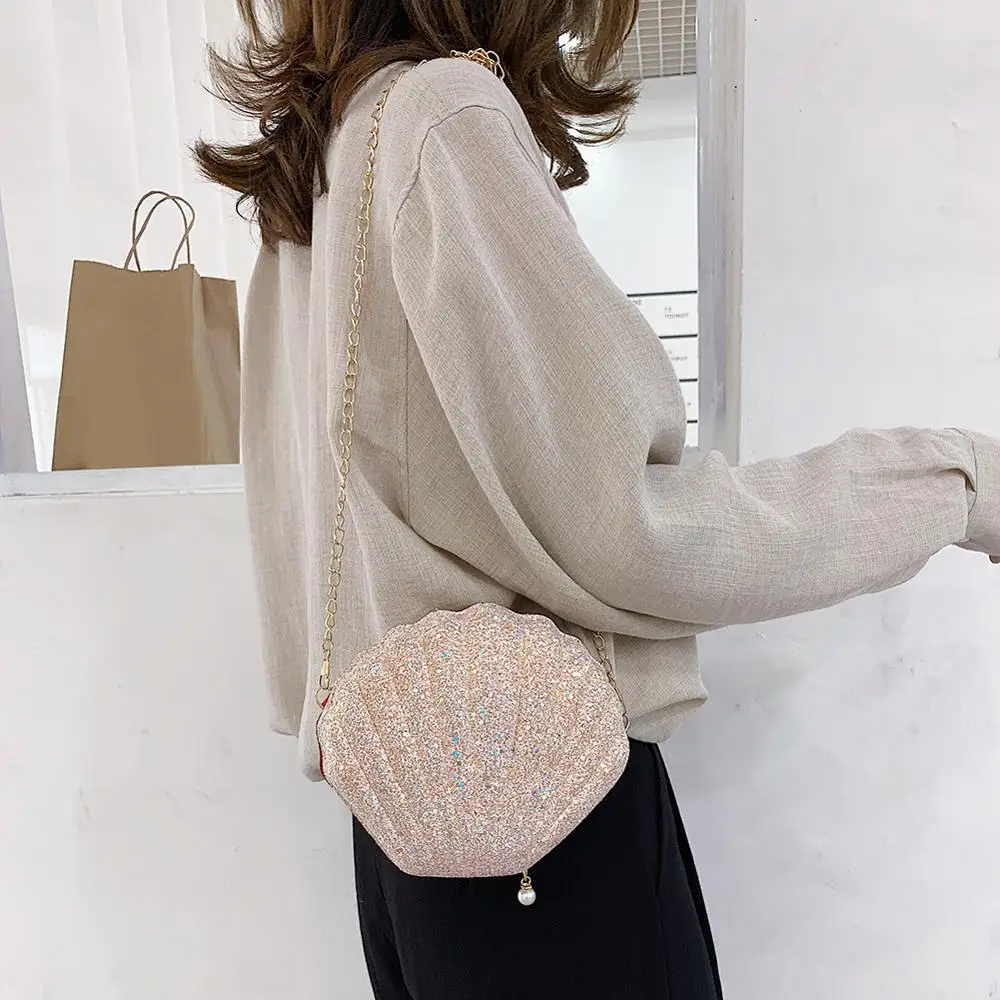 Women Shoulder Handbags Shell Bag Chain Cute Sequins Small Bag Phone Money Pouch Zipper Crossbody Bags for Women Bolsa Feminina