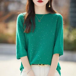 Female 2024 Spring Summer Pure Wool Cashmere Sweater Women's Round Neck Gold Bean Yarn Knitted Short Sleeve Loose Soft T-Shirts