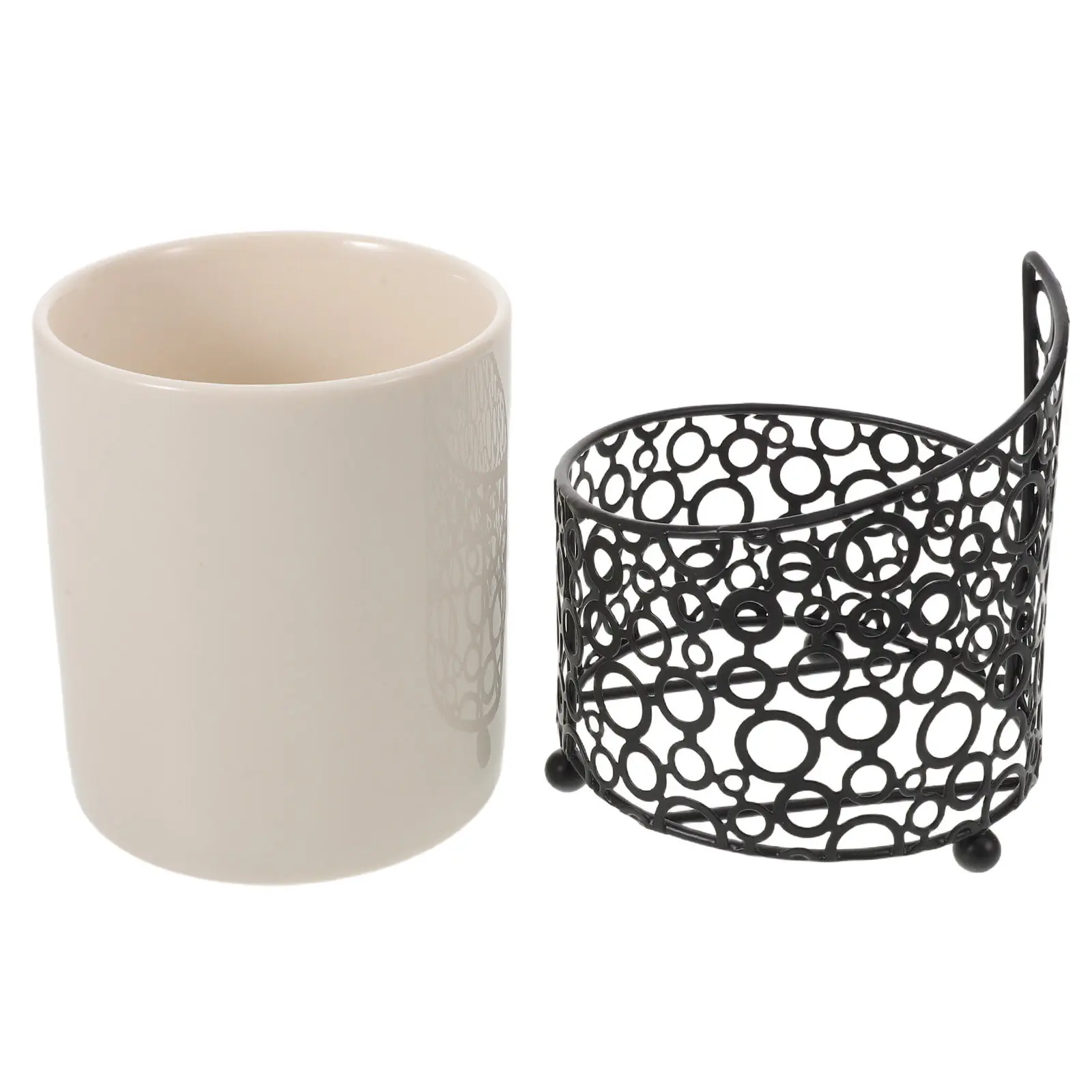 Portacucchiai in Ceramica, Stazione Caffè con Struttura in Metallo, Porta Mescolatori, Cannucce e Bastoncini, Piccolo Organizzatore per Utensili da Cucina