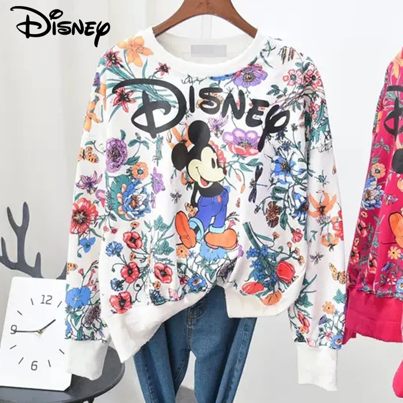 Disney-Sudadera holgada de algodón con cuello redondo para mujer, suéter de manga larga con estampado de Mickey Mouse y dibujos animados, estilo informal, para otoño, novedad de 2022