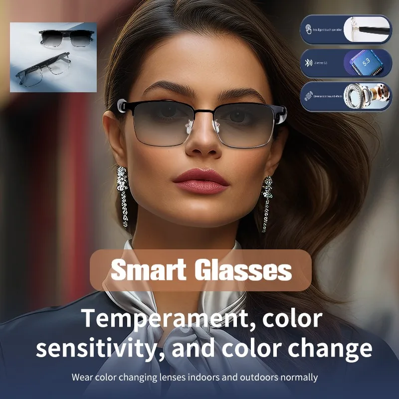 

Модные умные очки, фотохромные линзы, AI Assistant, беспроводная гарнитура, цифровой аудиоплеер, Bluetooth, музыка, металлический шарнир
