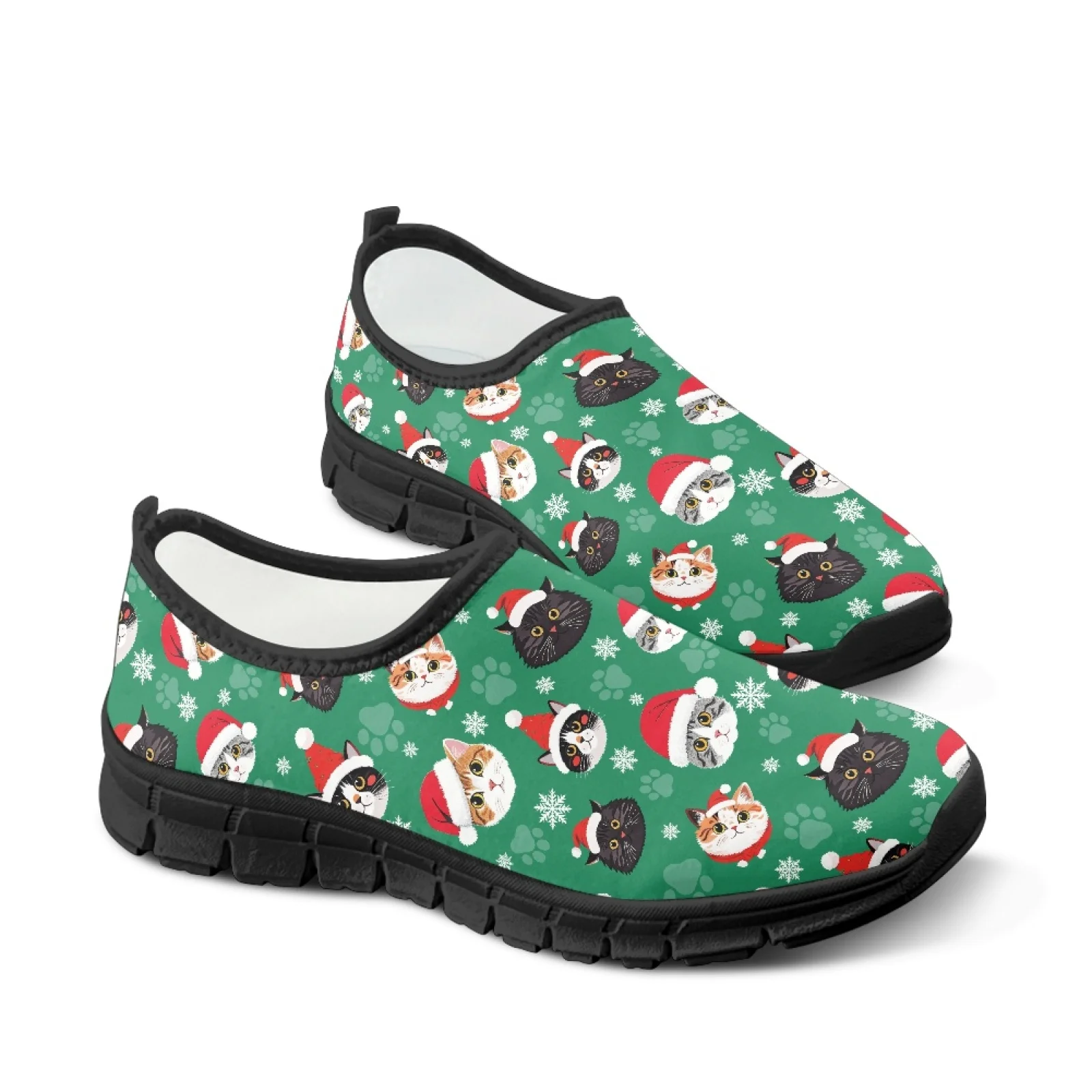 

2025 рождественские сетчатые кроссовки с зеленым принтом кота и собаки, женские лоферы, женские кроссовки без шнуровки на плоской подошве, спортивная повседневная обувь без шнуровки