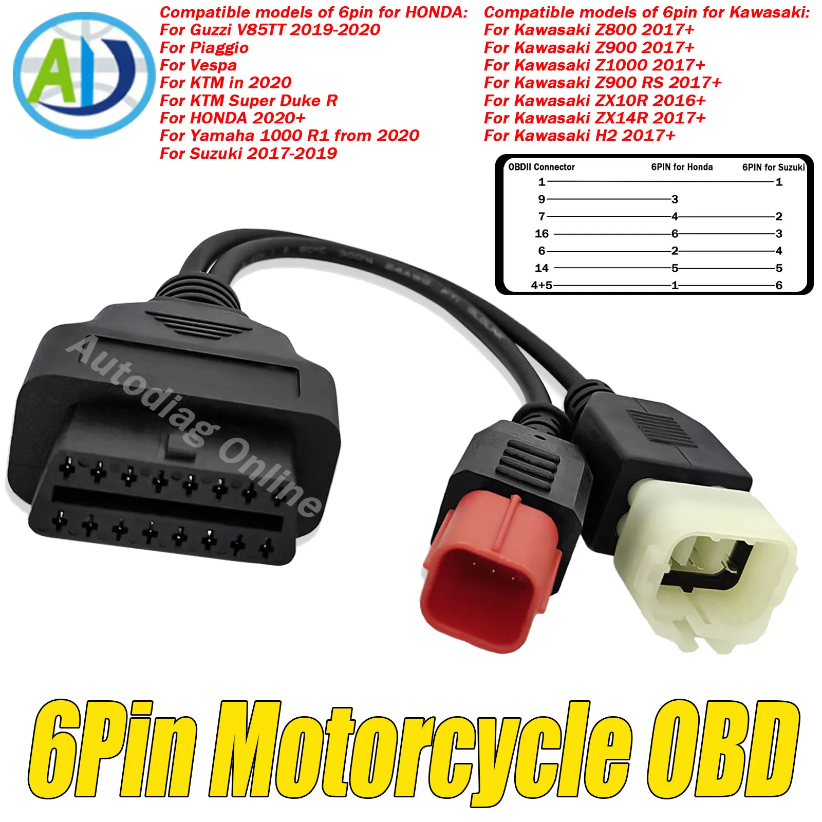 

OBD2 Diagnostic Cable for Honda 6 Pin Motorcycle Connector for Kawasaki Z/ZX Series Motorbike 6Pin OBD2 Diagnostic Adapter Cable