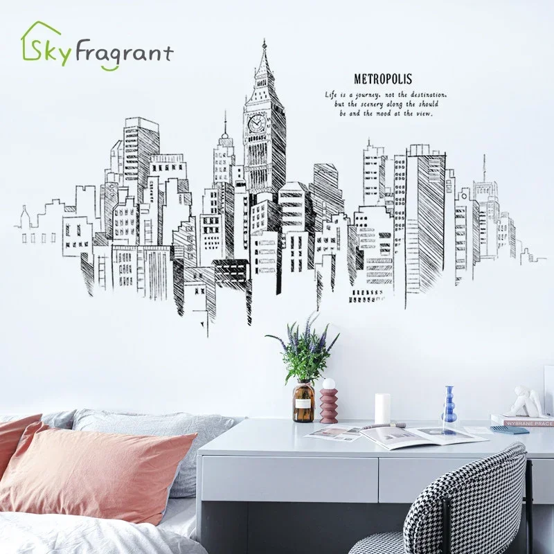 Simple Line Wall Sticker Creative Modern City TV Sofa Background Self-adhesive Home Decoration Porch Living Room Decor Stickers