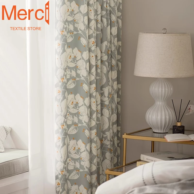 Merci Textile Store Printed Cotton Linen Curtains for Bedroom Wood Leaf Gray Full Blackout Curtains Cloth Bay Window Screen