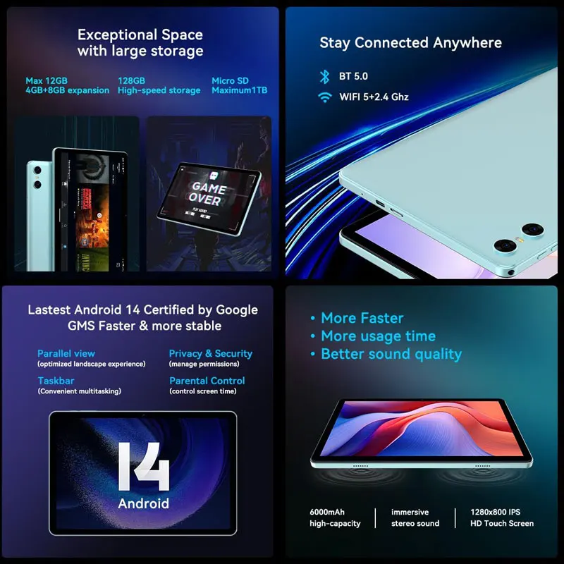 SVITOO Tablet 10.1" Screen 12GB 128GB Unisoc A75 8-Core 6000mah Battery Android 14 1280x800 IPS HD Touch Screen Global Version