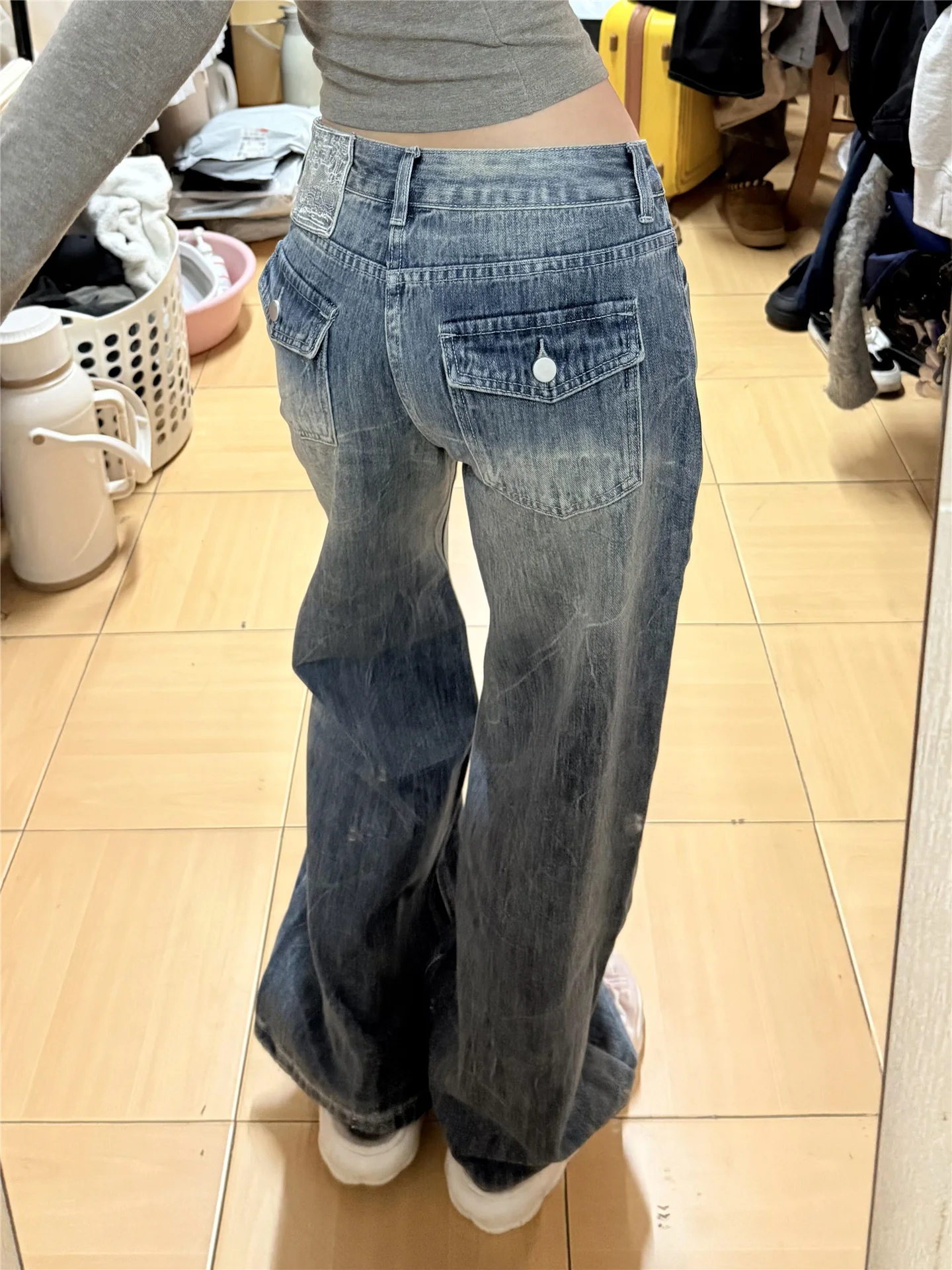 Tall Women's Extended Length Vintage Blue Low Waist Wide Leg Jeans Spring Autumn Loose Drapey Straight Floor-Length Pants