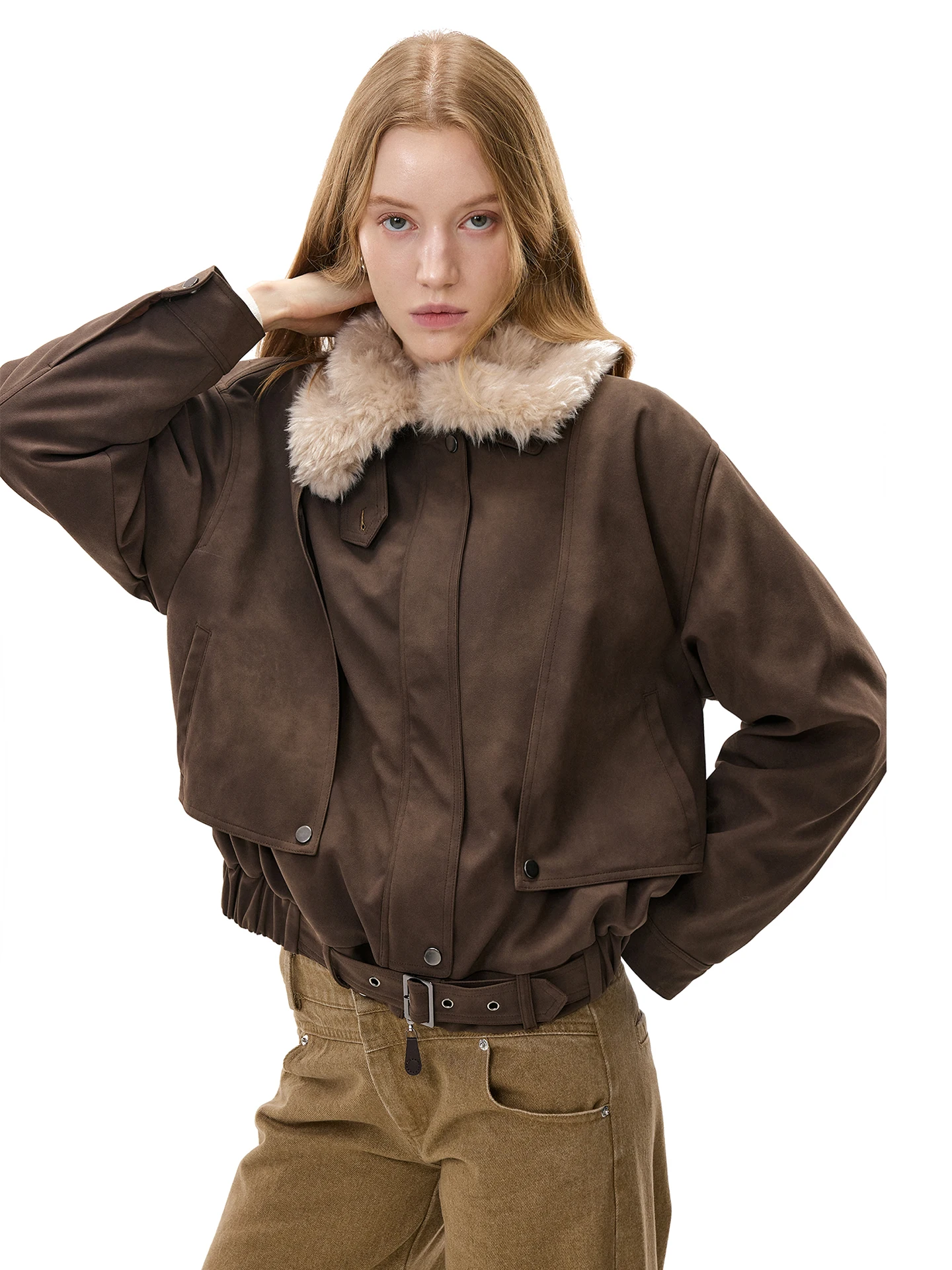 Abnehmbarer Pelzkragen oder PU-Leder-Jacke Damen-Wintermantel Lässiges Zweifarbiges Design mit Baumwollfüllung