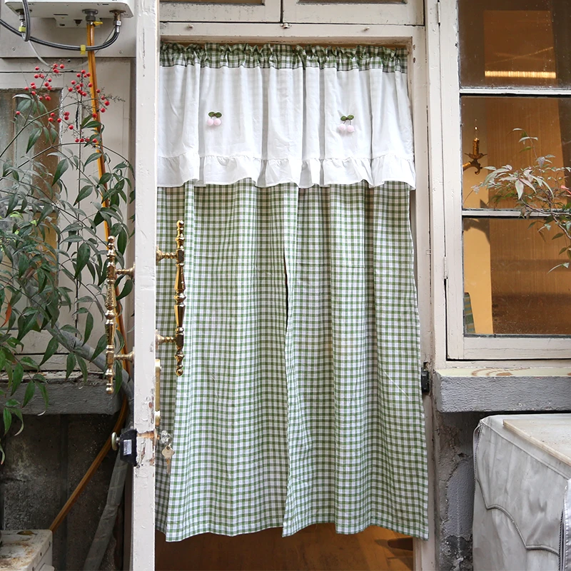 American Style Country Cotton Curtain Green Grid Bedroom Door Curtain No Punching Required Fabric Art Rod Mounted Semi-Curtain