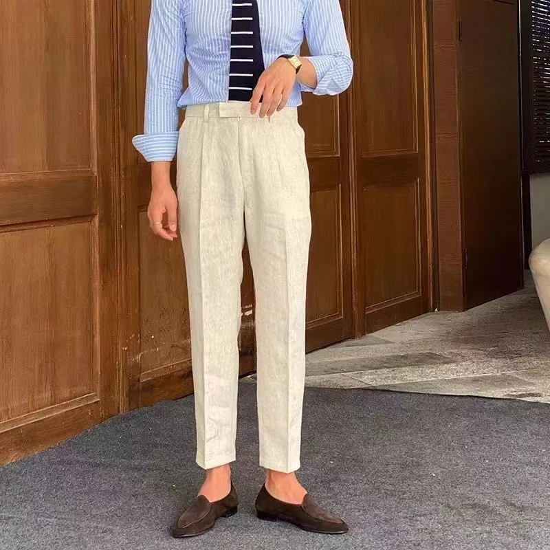 

Spring Summer Men's Linen Breathable Casual Pants High-Defn Korean Sle Pure Color Iron-Free Nine-Piece Faion Ci