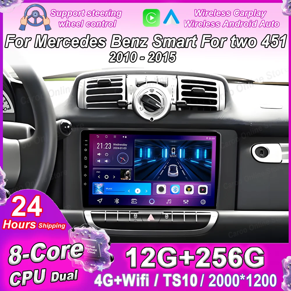 Navegação GPS Android 16 para Carro Mercedes Benz Smart For Two 451 2010-2015, Rádio Automotivo Estéreo Multimídia, Reprodutor de Vídeo com Carplay