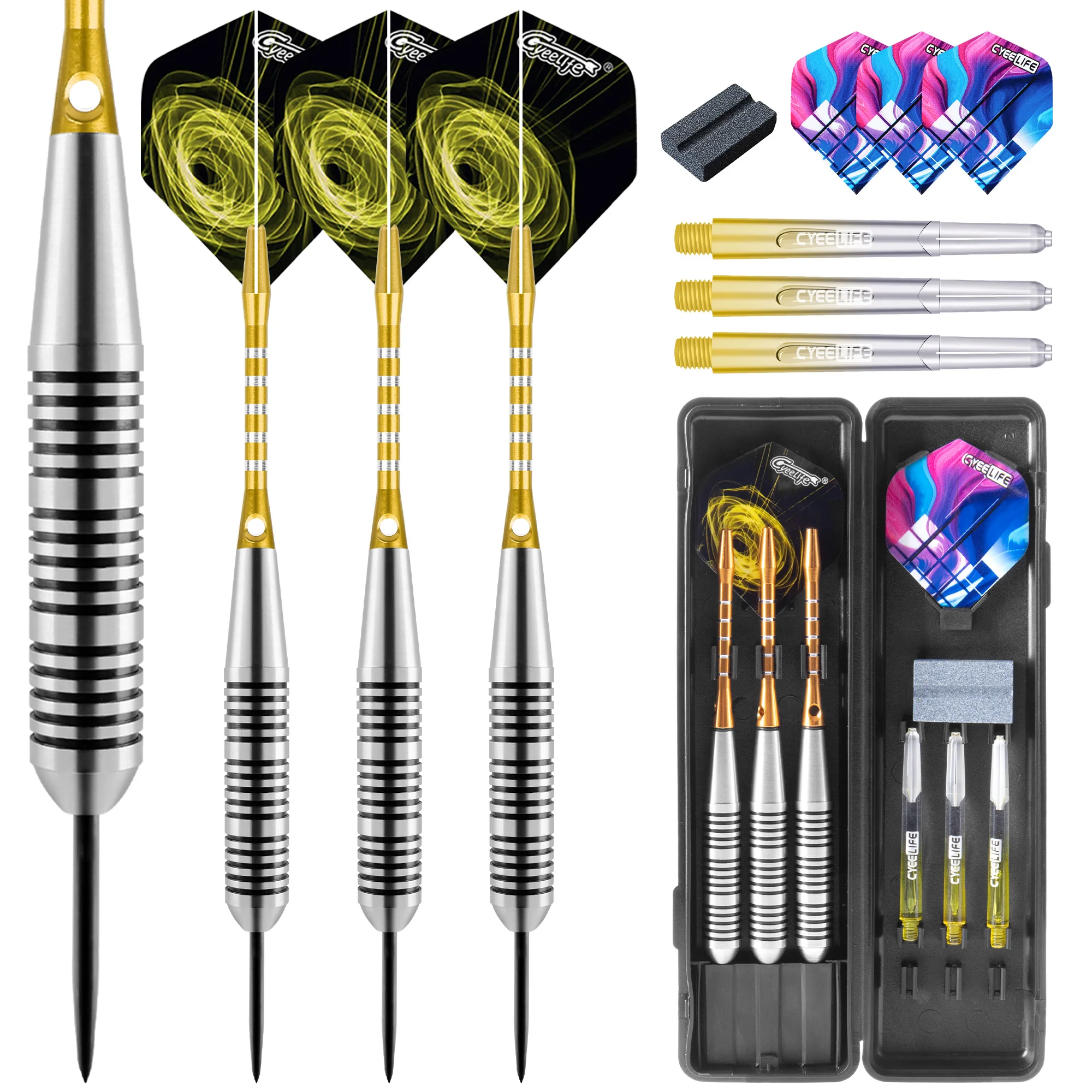 CyeeLife 30G 3pcs Steel Tip Darts Sets Standard PET Flight, Stainless steel Darts Aluminum Shafts Steel Tip with Storage Box