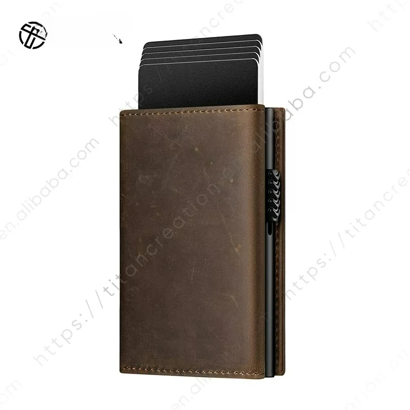 TVC302C Retro Crazy Horse Real Leather RFID Blocking Card Wallet Pop up Aluminum Credit Card Holder for Gifts