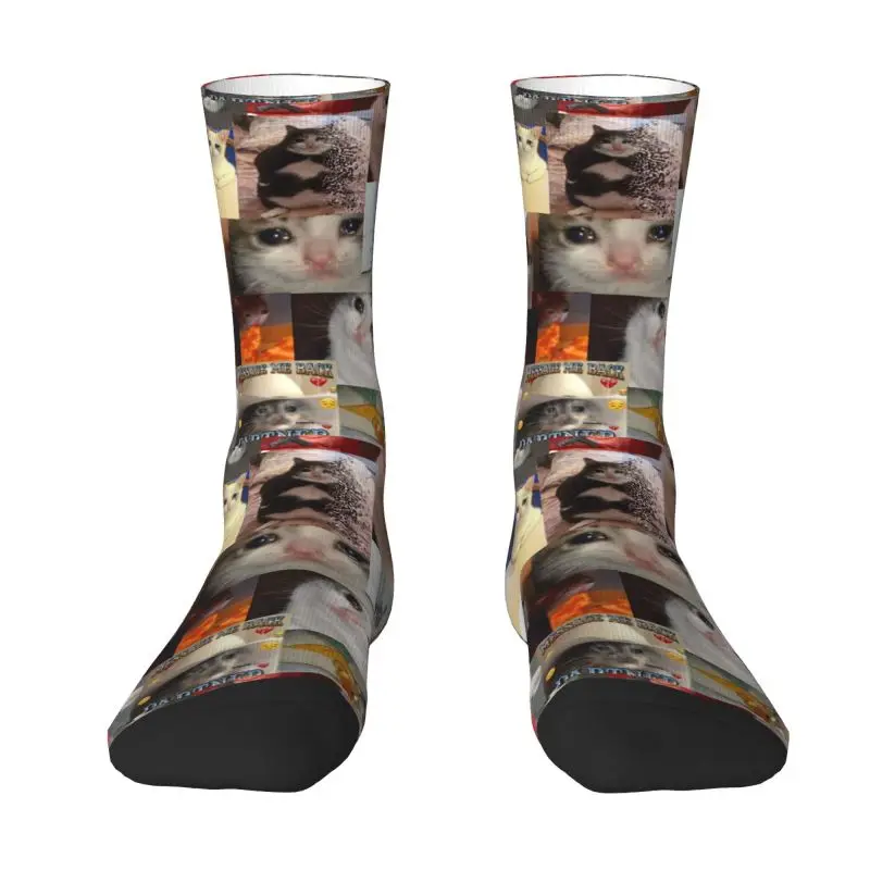 Funny Print Crying Cat Socks for Women Men Stretch Summer Autumn Winter Funny Cute Crew Socks