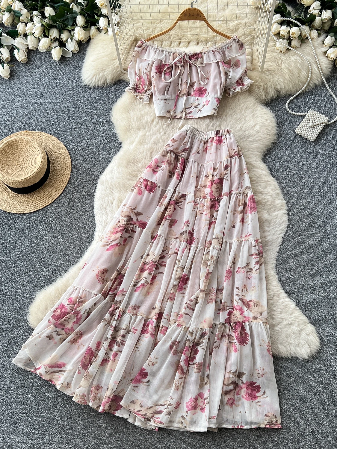 Floral One-Shoulder Half-Skirt Set Women's Fashion Autumn 2026 Cake Hem Slimming High Waist Commute Style Long Sleeve Top