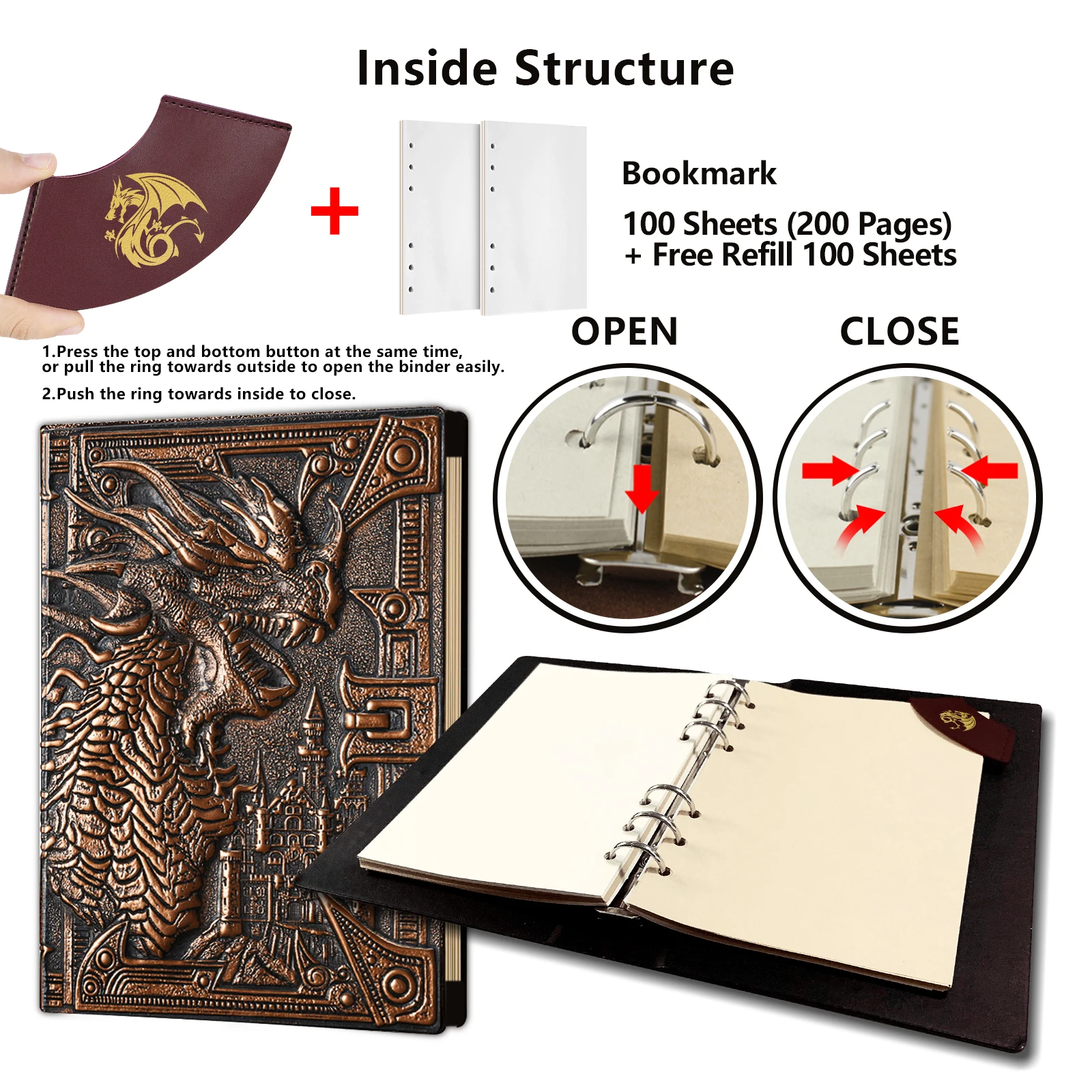 Dnd journal 400 página livro com dragões 3d couro recarregáveis 6 anéis binder e marcador para dungeons e dragões d & d notebook