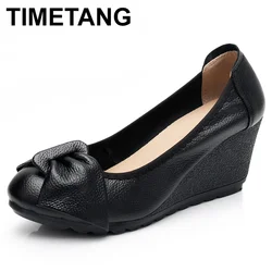 TIMETANG Autumn Genuine Women's Leather High Heels Female Shoes Mary Jane Pumps Slip On Casual Woman Wedges Shallow Platformshoe