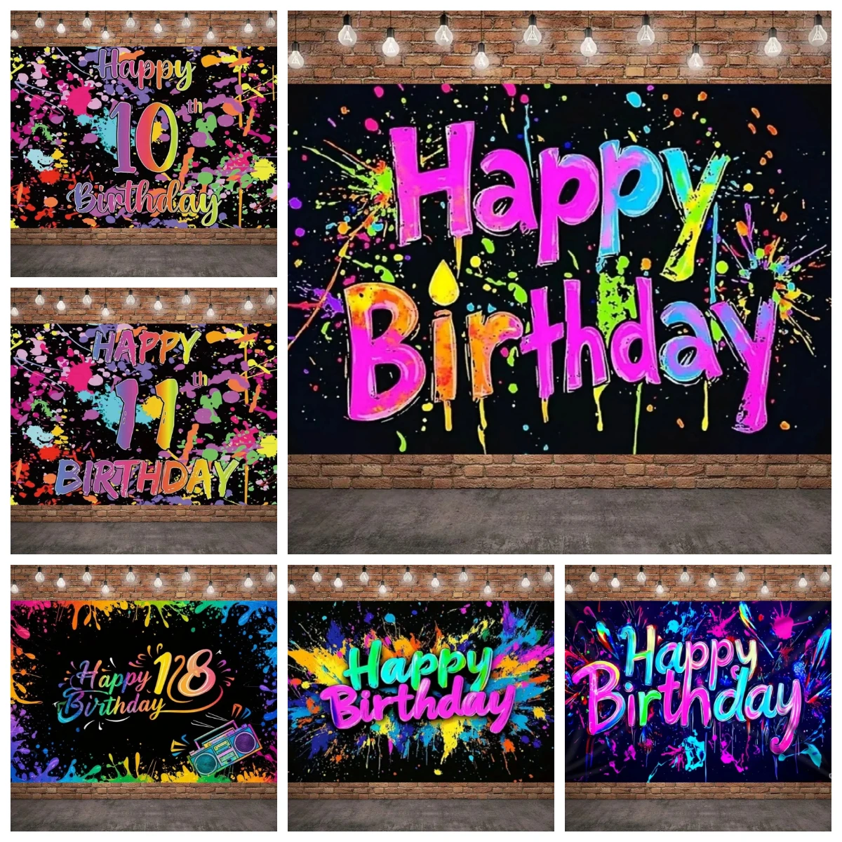 Splashing Graffiti Wall Happy Birthday Backdrop Colorful Glowing party Decoration Banner Hip Hop Photography Background PropGift