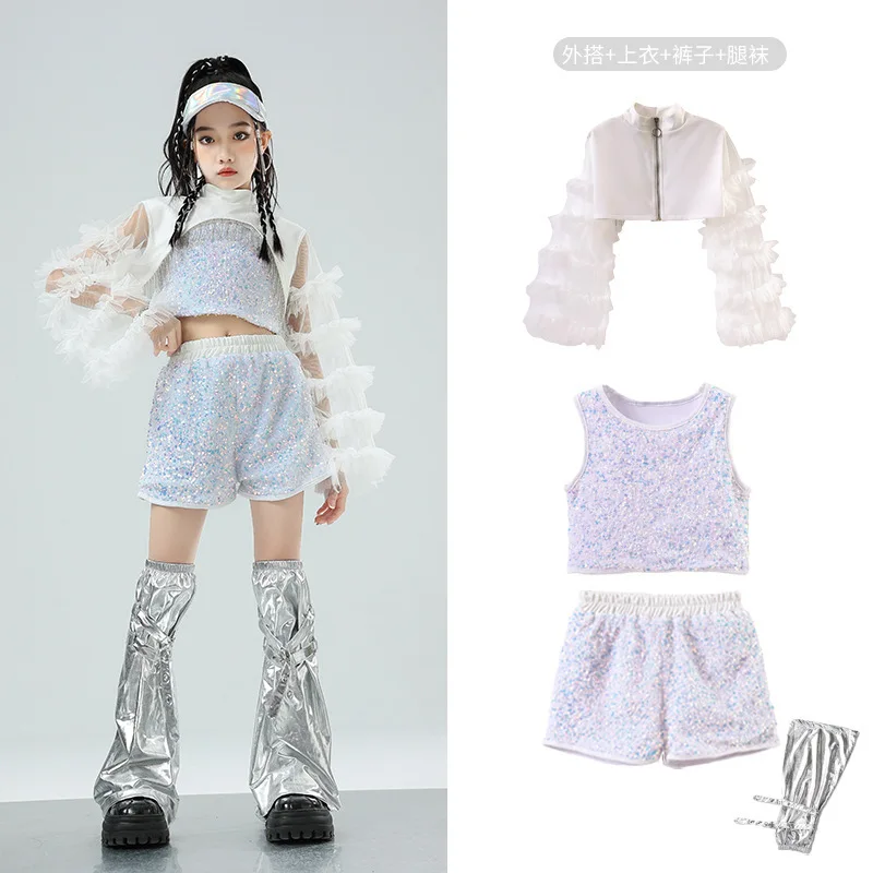 Trajes de dança jazz para meninas hip-hop crianças trajes de desempenho de dança de rua lantejoulas malha pista mostra vestido de jazz