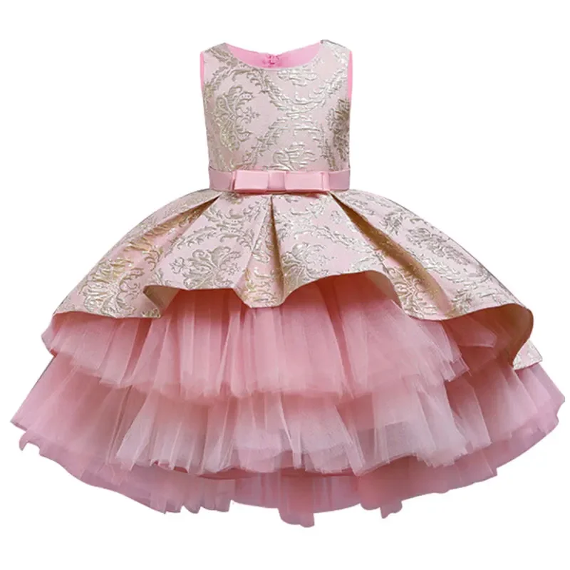 

Girls Sleeveless Jacquard - Patterned Dress With Bow Accent And Layered Tulle Skirt Ideal For Flower Girl Duties Birthday Celebr