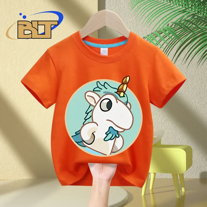 T-shirt à Manches Courtes en Coton pour Enfant, Vêtement Décontracté avec Imprimé de Dessin Animé et Trou de Licorne Mignon, pour Garçon et Fille