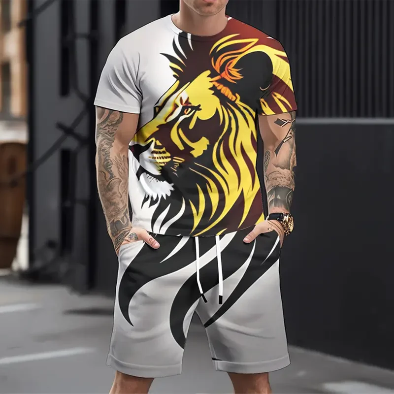 2025 Latest Men's Daily Leisure Sports Set Fashion Printed 3D Wolf Pattern T-shirt Shorts Set Summer Leisure Breathable