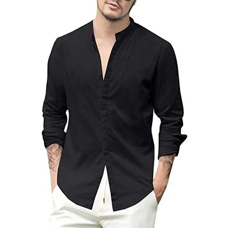 2023 Men\'s Shirts Solid Casual Daily Standing Collar Full Sleeved Shirts for Men Plain Shirt Men\'s Clothes White Shirts