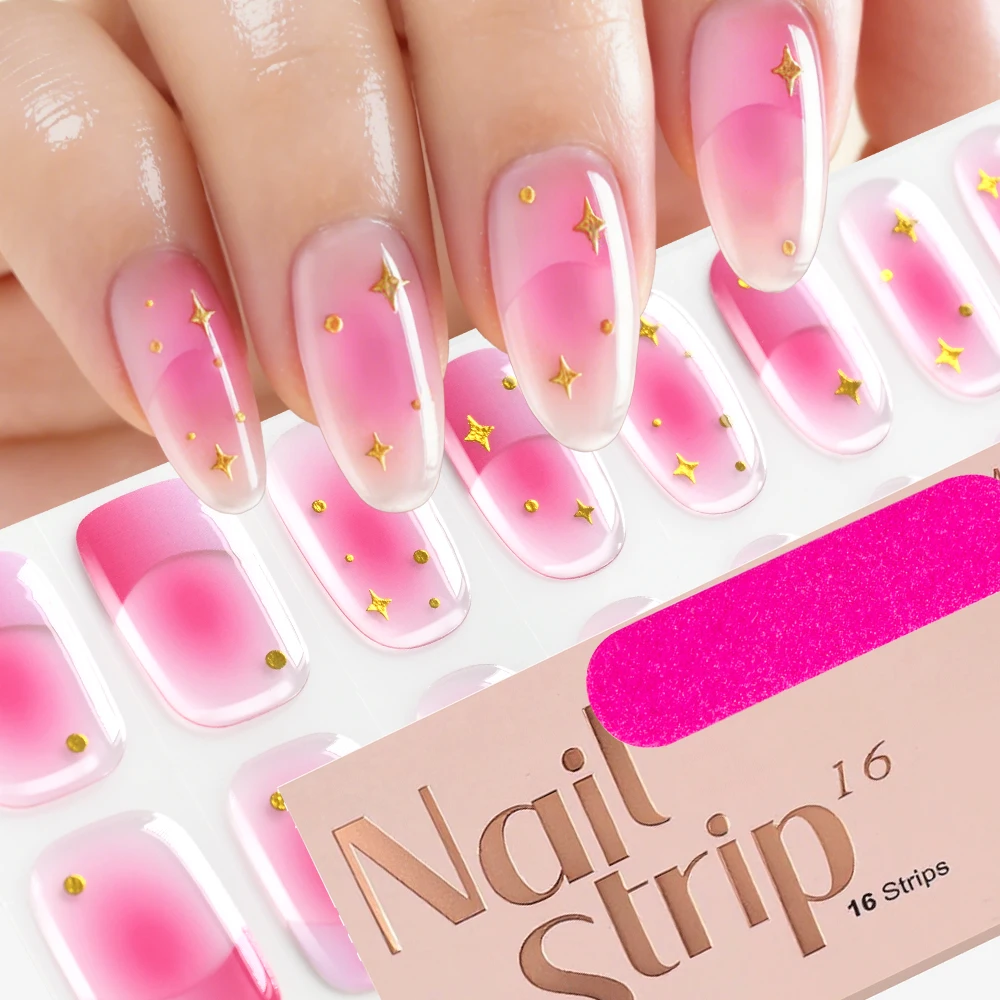 

1 лист - 16 наклеек для ногтей с градиентным эффектом омбре, розовые, полузатвердевшие, с золотыми звездами/круглыми точками, гелевые наклейки для дизайна ногтей, УФ/LED гель-слайдеры