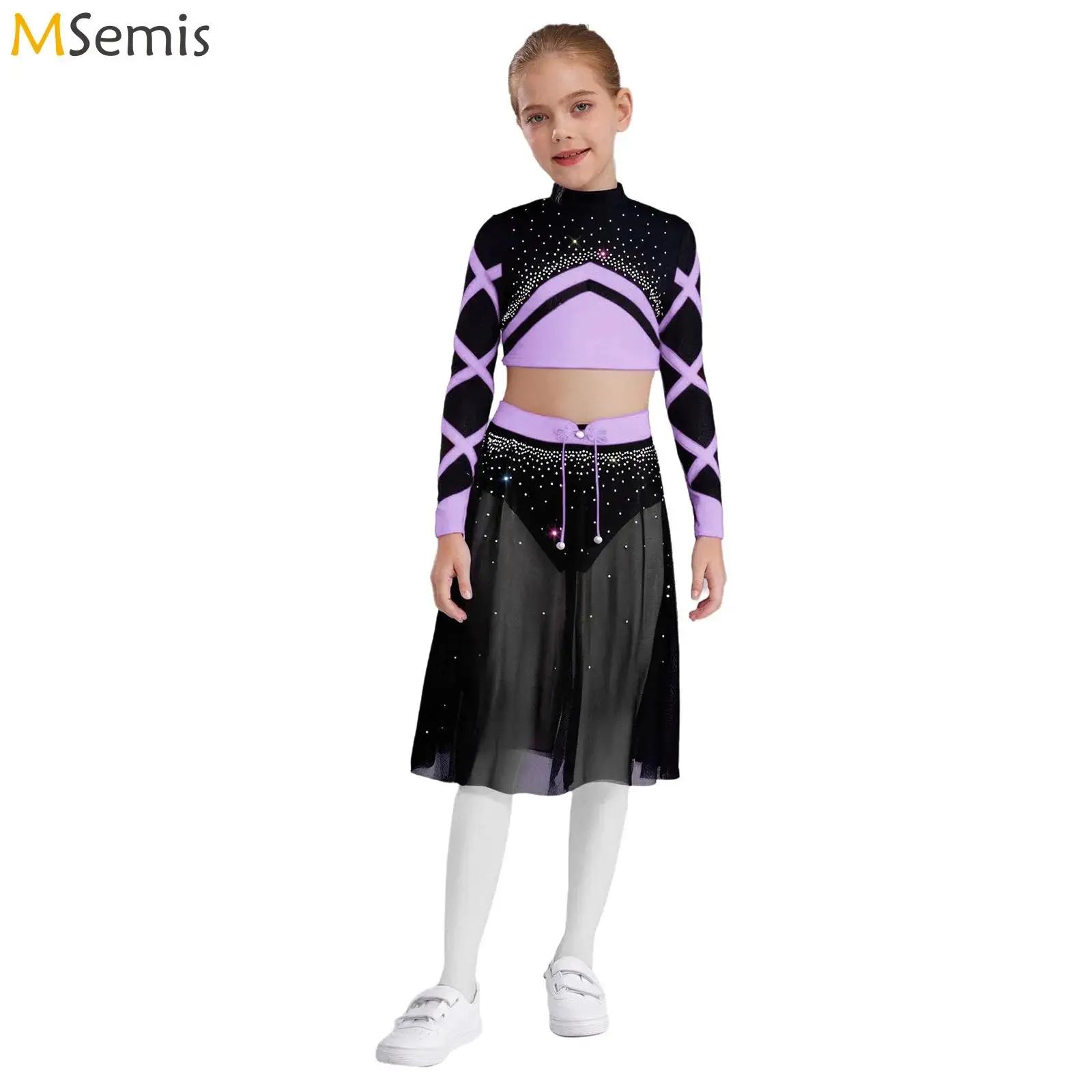 

Kids Girls Shiny Rhinestones Gymnastics Artistic Figure Skating Ballet Lyrical Dance Outfit Crop Top with Side Split Mesh Skirt