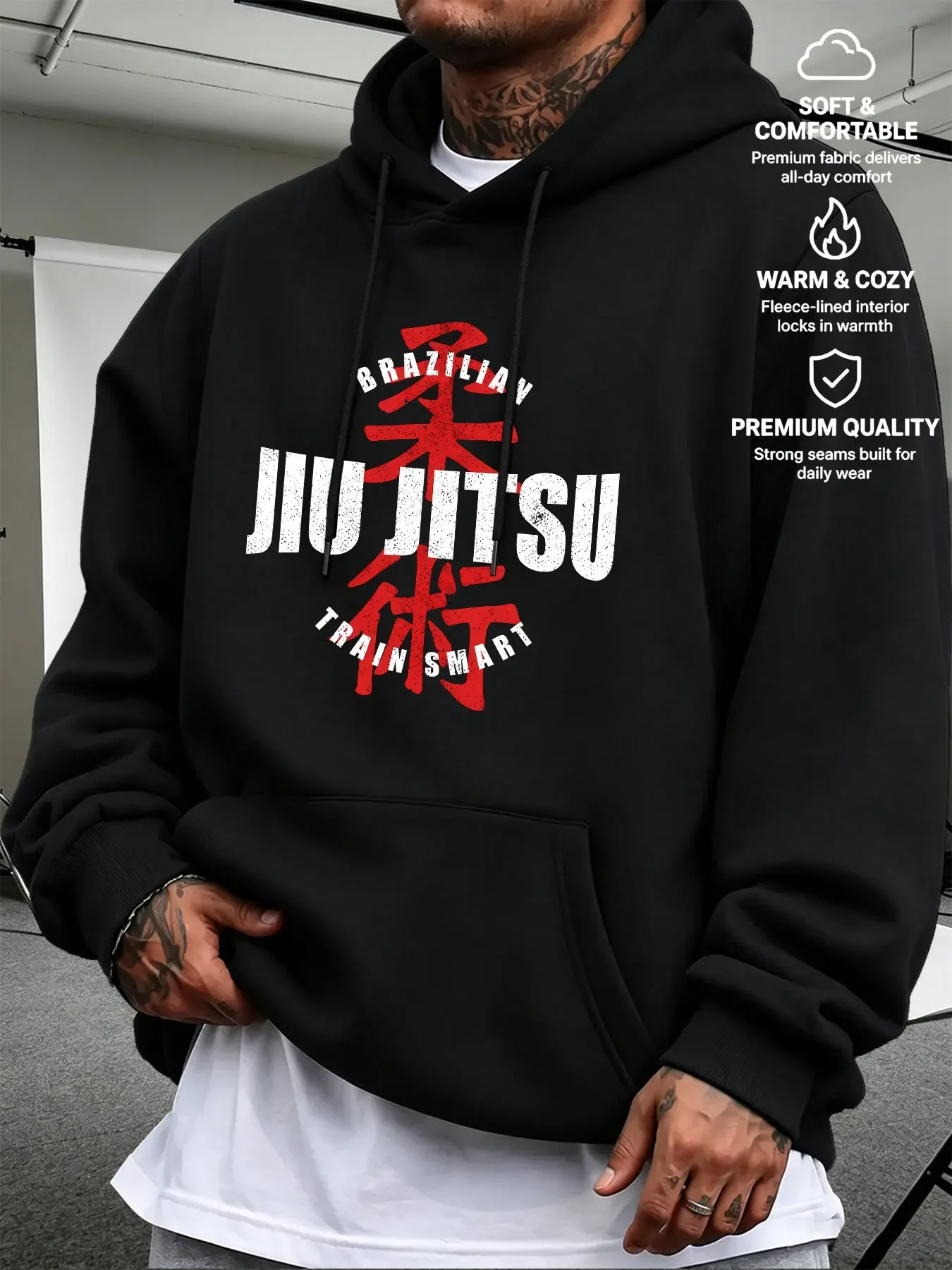 Autumn Winter Fleece Lined Men Hoodie Jiu Jitsu Distressed Letter Print Hot Selling Casual Street Style Pullover Sweatshirts