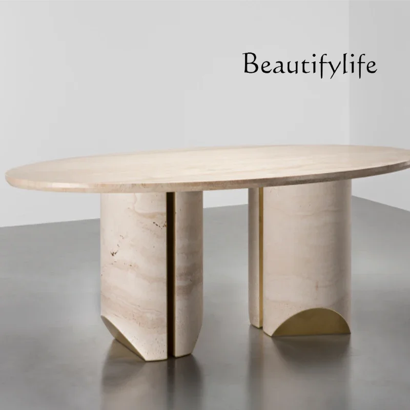 M Wabi Sansan Minimalist Natural Travertine Marble Dining Table Villa Model Room Western Restaurant Oval Long Dining Table