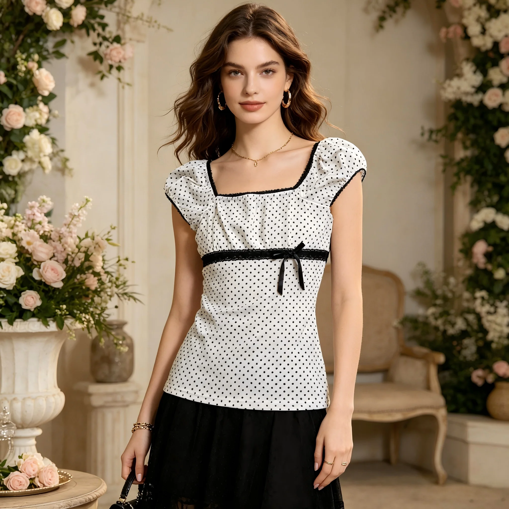2026 French Retro Black And White Polka Dot Top with Square Collar Bubble Sleeves Waist Cinched for Sweet Girl Style Short Sleev