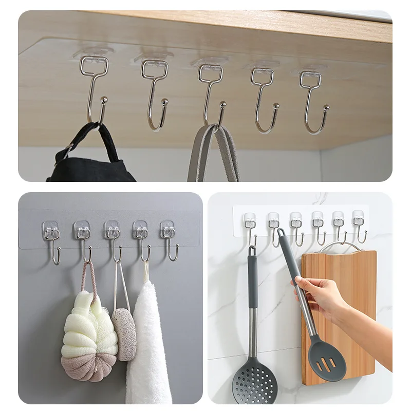 

3-6 Row Transparent Hooks Strong Self Adhesive Punch-Free Hook Door Wall Hat Clothes Hangers Bathroom Kitchen Storage Rack