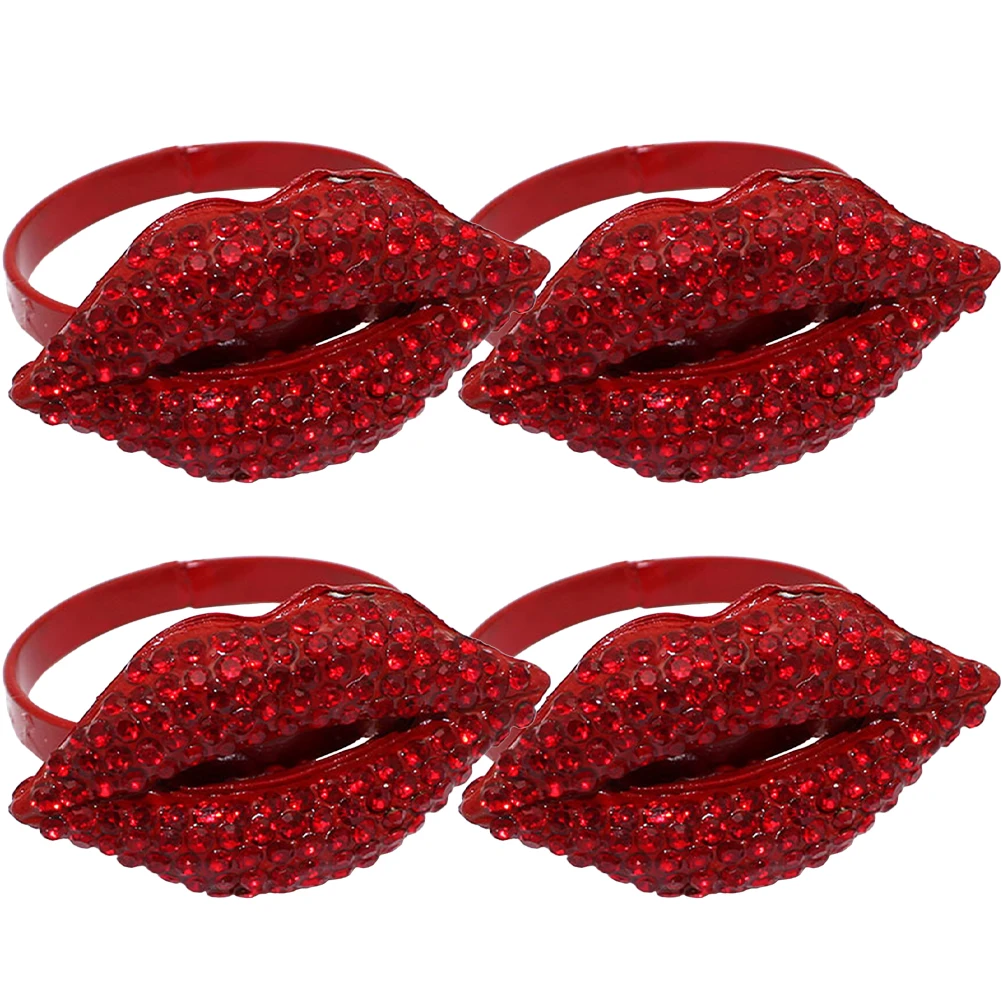 

4pcs Red Lips Rings Valentine Ring Buckles Elegant Dinner Party Holders Alloy Tableware Decor Creative Napkin Accessories