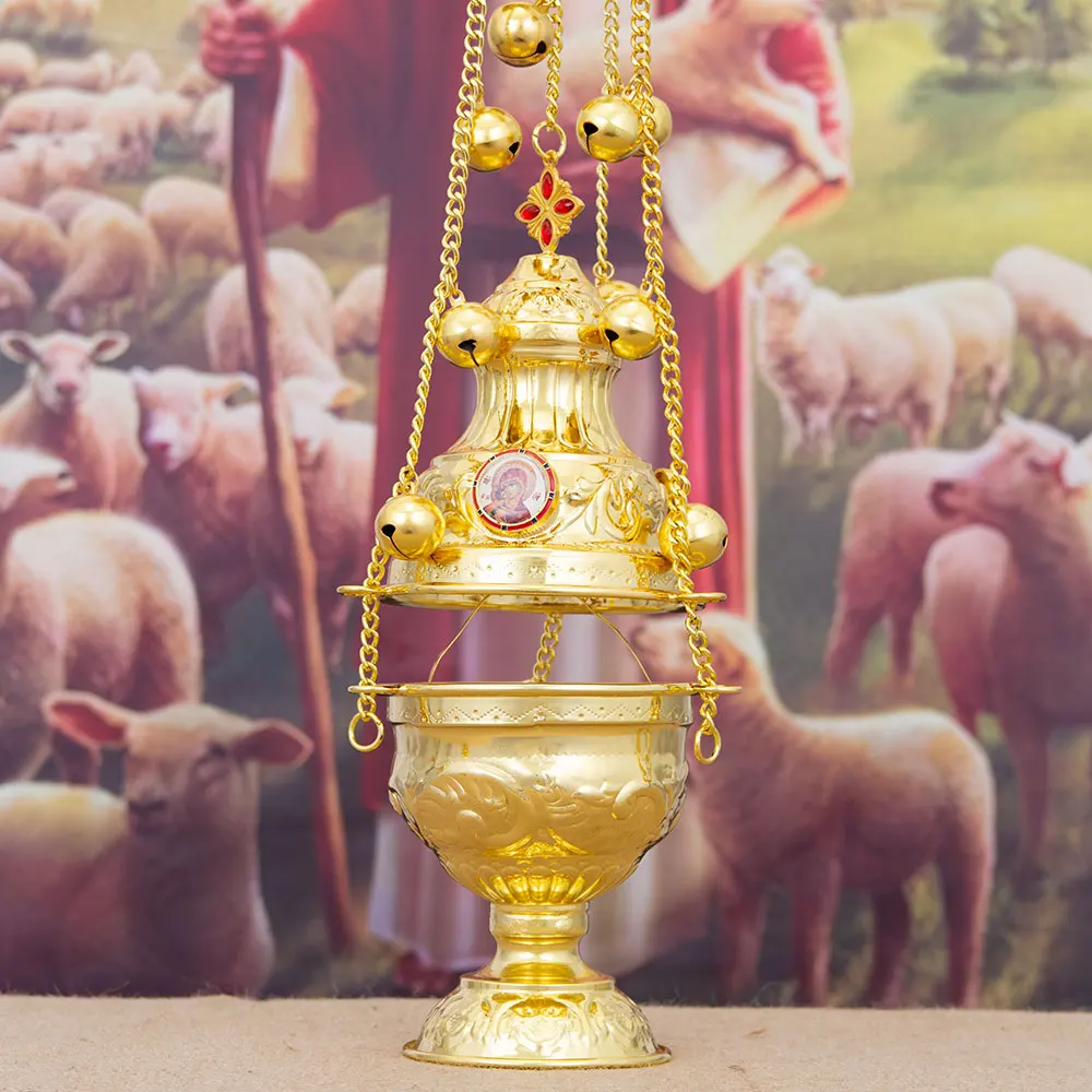 مبخرة ثوربل أرثوذكسية ذهبية عتيقة معلقة مع سلسلة أجراس مبخرة الكنيسة الكبيرة لديكور مذبح الحفل الديني #5