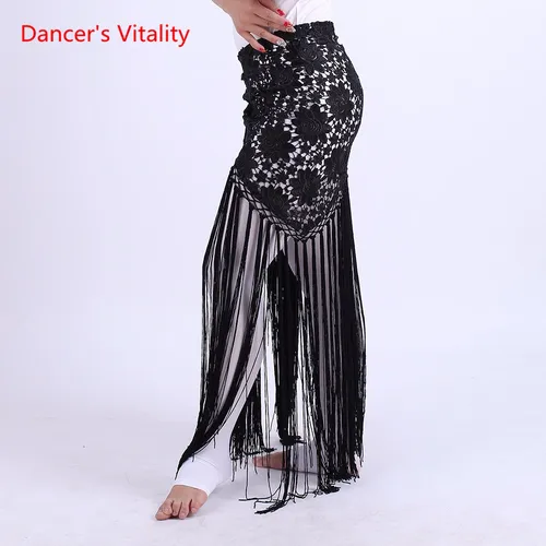 Imagen 2 del producto Ropa hecha a mano para danza del vientre para mujer, ropa para bailar Flores, flecos largos, cinturón Triangular tejido a mano, danza del vientre, cadera