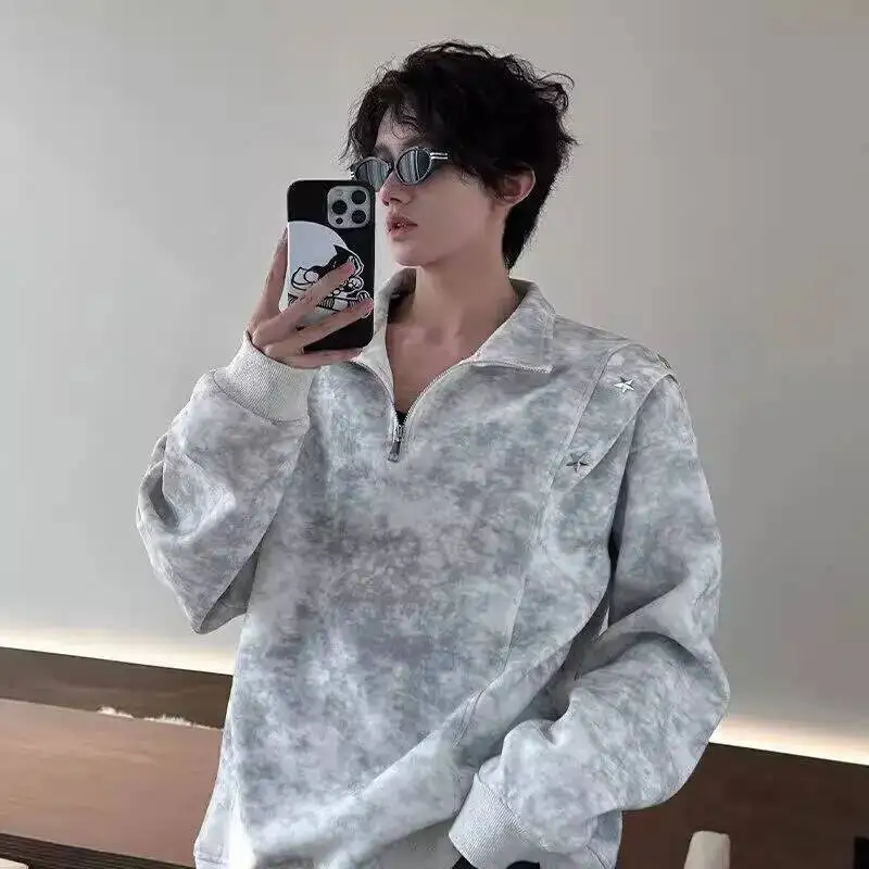 

Man Sweatshirt 2025 Autumn Men's Retro Tie Dye Half Zip Star Rivet Design Edgy Pullover Streetwear Distressed Sweatshirt