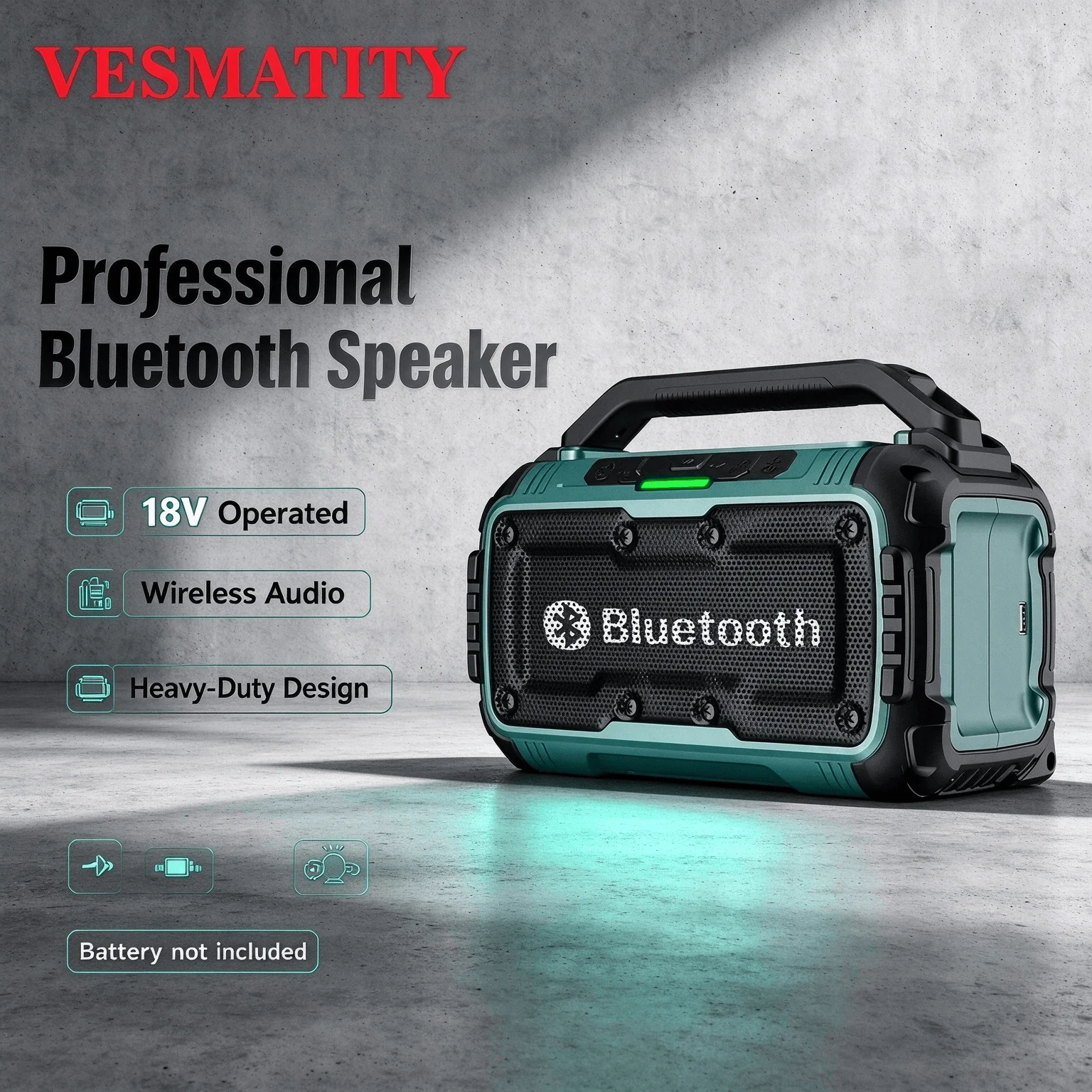 VESMATITY Bluetooth Speaker USB Type C Port Waterproof Stereo Surround Loudspeaker for Makita Battery Pro Core Plus