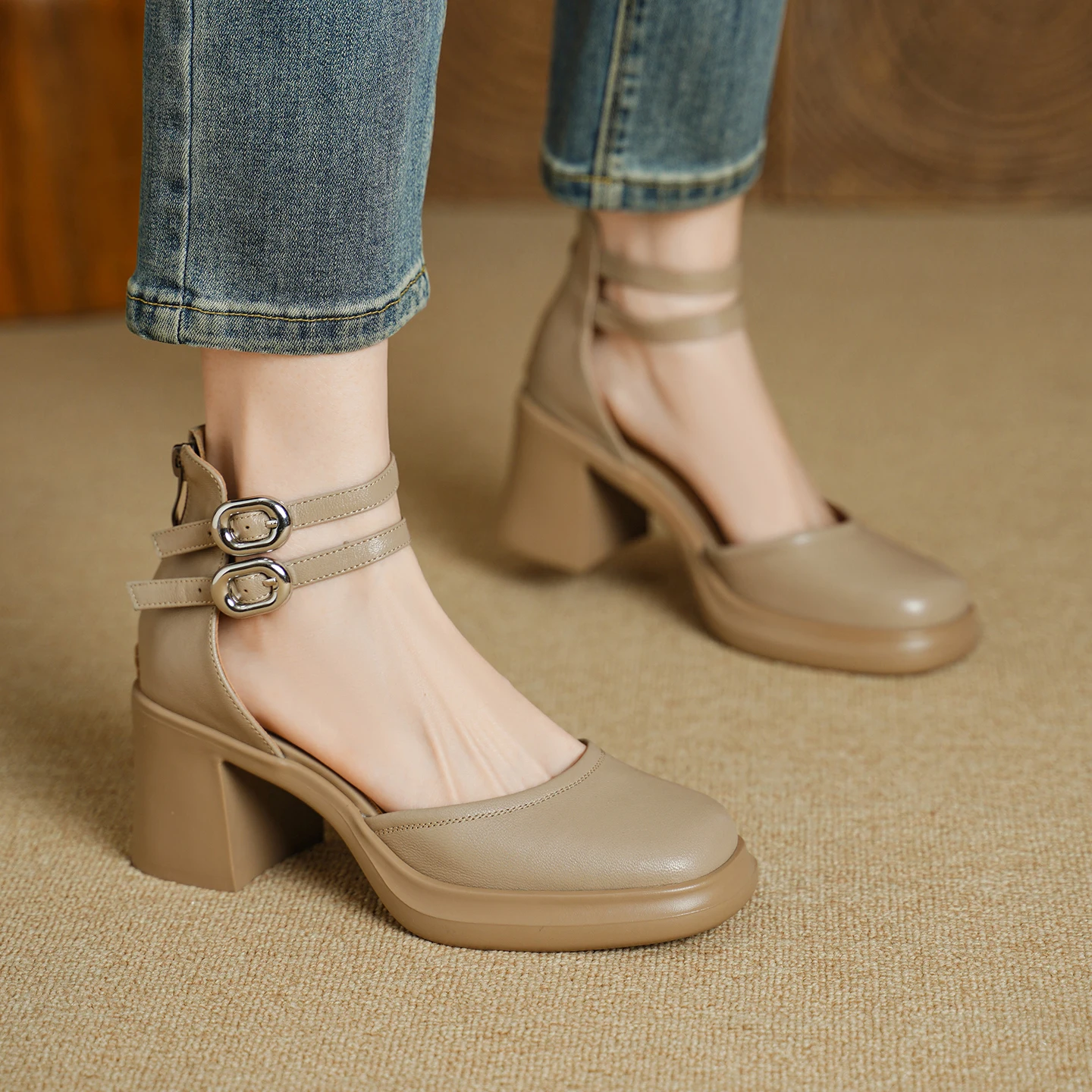 

Genuine Leather Sheepskin Heels Women's Sandals,Thick Heels Dual Ankle Strap Summer High Heels,Fashion Platform Women Shoes