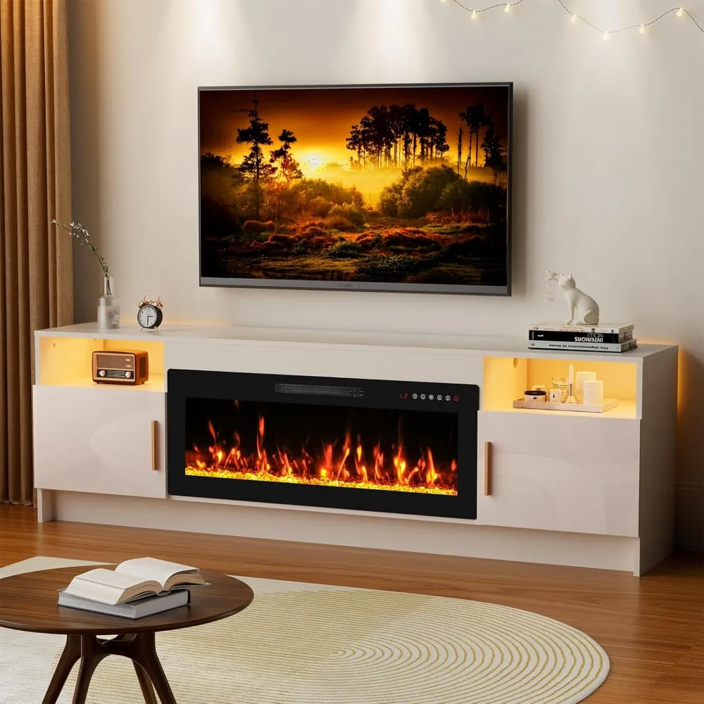 

70'' TV Stand with Fireplace-White Entertainment Center for 75+ Inch TV- TV Cabinet with LED Light, Storage, High Glossy Door