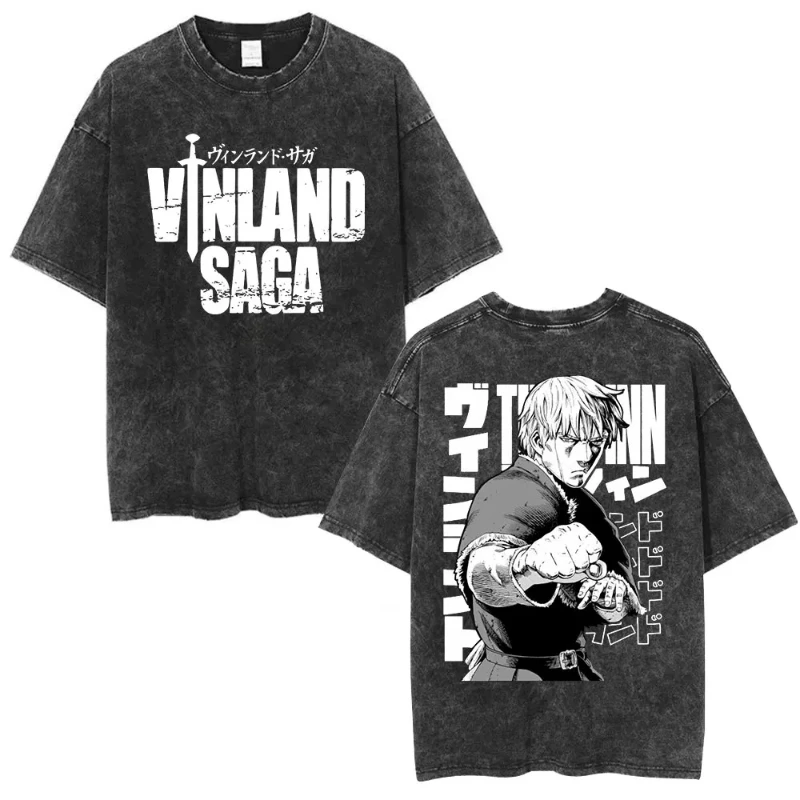 الرجال الملابس موضة الشارع عادية القطن المتضخم تي شيرت للجنسين خمر غسلها أنيمي فينلاند ساغا Thorfinn Karlsefni تي شيرت #6