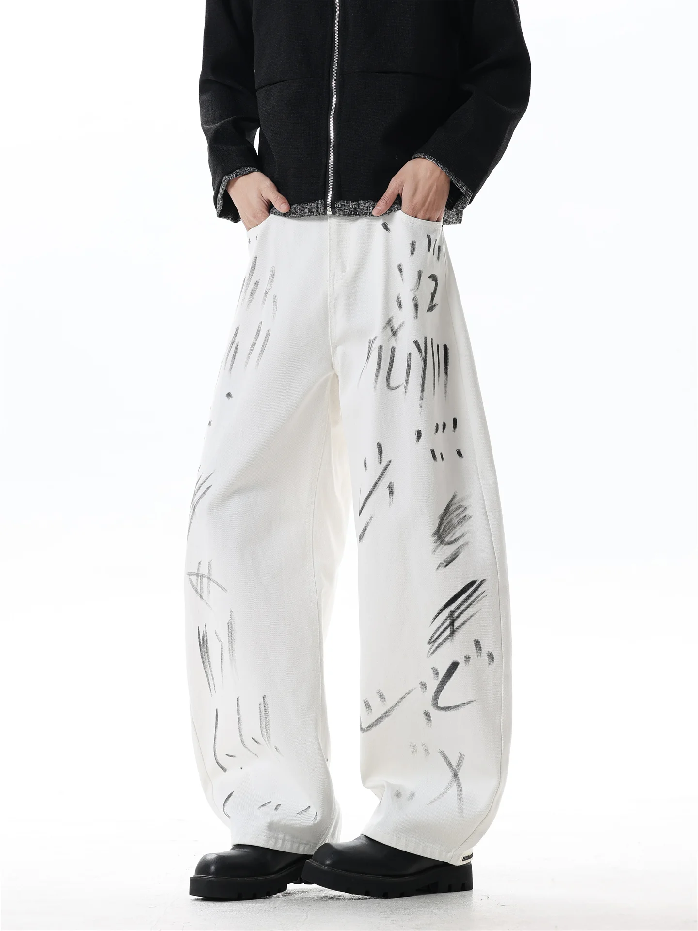 

American fiti White Men's Streetwear Hip Hop Waed Casual Wide Leg Long Pants Trendy Jeans Loose Fit Straight Tube Trousers