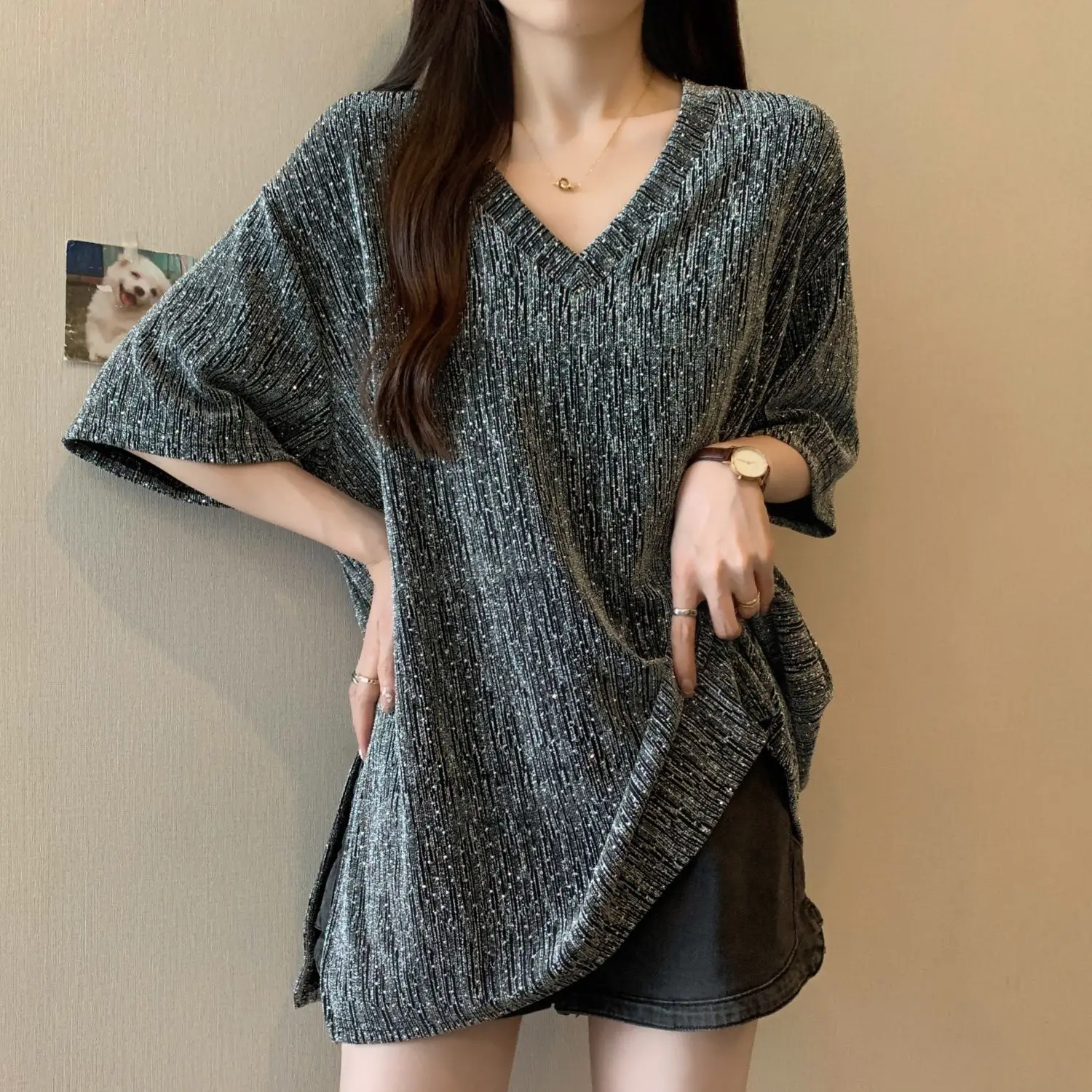 Large size women's clothing spring and summer new commuter style loose and thin thread split V-neck short-sleeved T-shirt