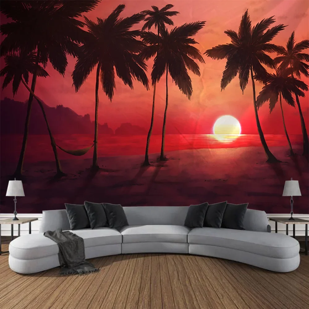 Sea view coconut tree tapestry wall hanging Bohemian room wall decoration Hippie psychedelic aesthetic home interior decoration