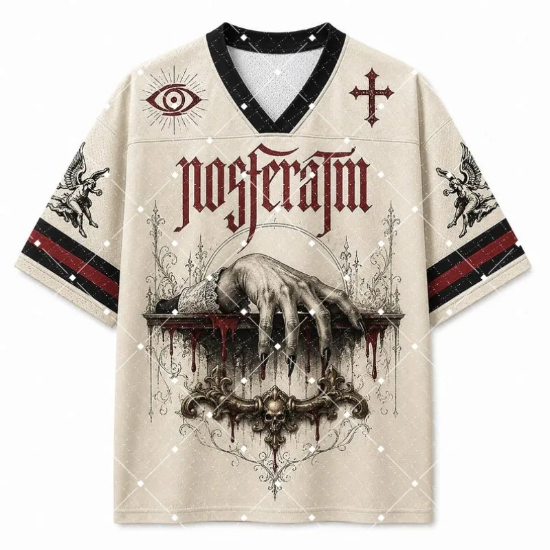 Nosferatu Vampire Gothic Print V‑Neck T‑Shirt Men Retro Horror Dark Cross Angel Short Sleeve Loose Streetwear Sport Tee