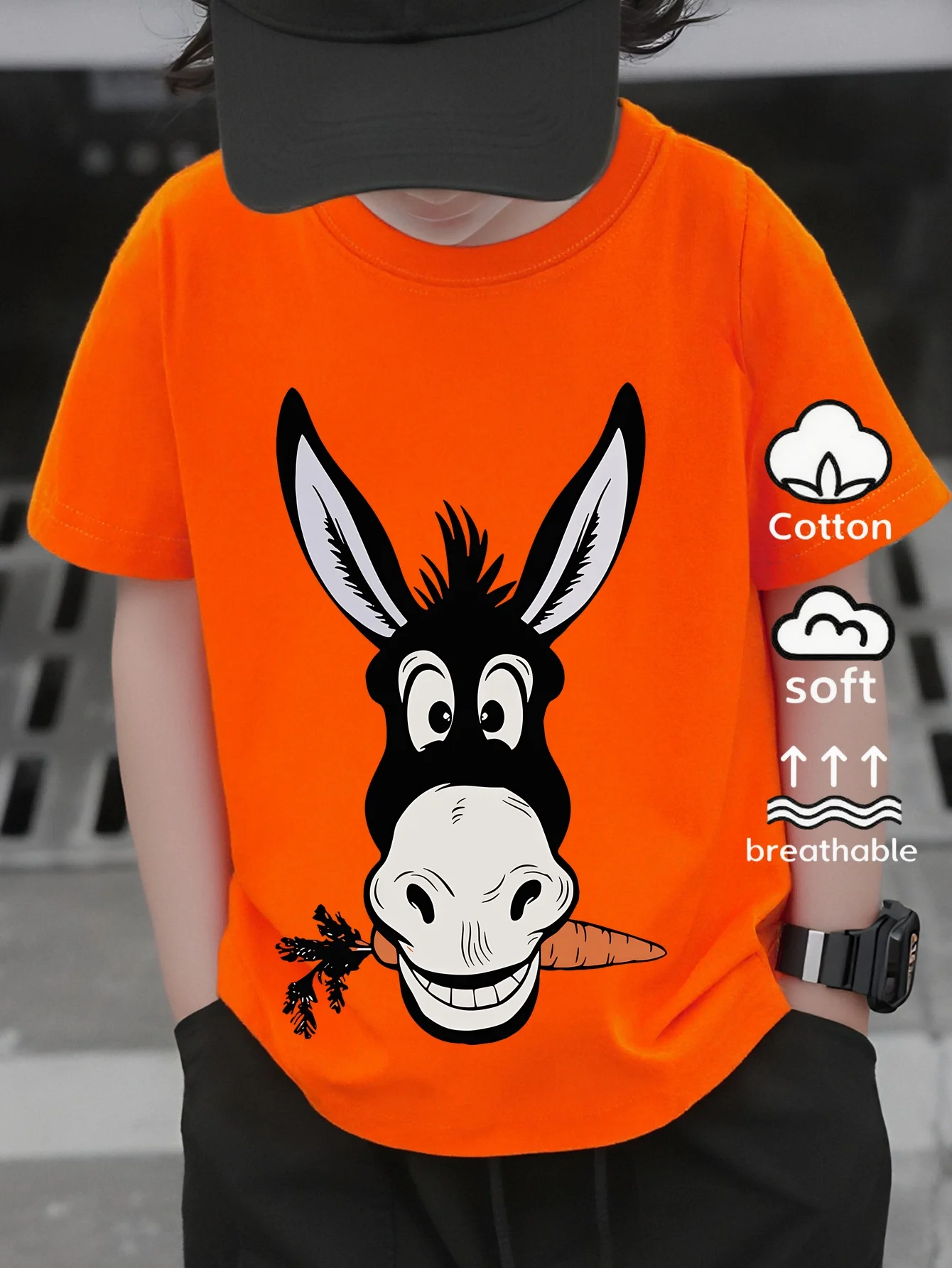Children's T-shirt Casual T-shirt Cute Donkey Carrot Smiling Face Print Fun Summer Children's Clothing Parent-child Outfit
